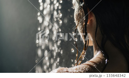 Water Droplets on Wet Hair in Shower Backlight 133648342