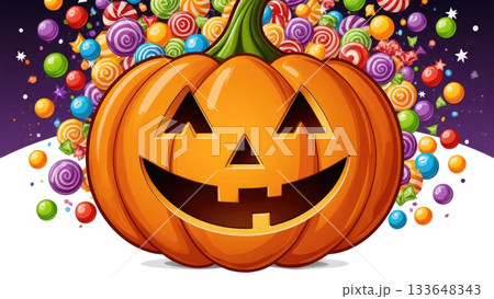 Candy Explosion Bursting from Jack-O-Lantern for Halloween Party Banner 133648343