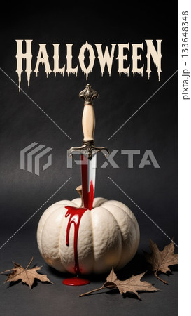 Elegant Dark Still Life with White Pumpkin and Antique Bloody Dagger Elegant Dark Still Life with White Pumpkin and Antique Bloody Dagger 133648348