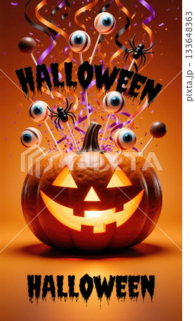 Candy Explosion Bursting from Jack-O-Lantern for Halloween Party Banner Candy Explosion Bursting from Jack-O-Lantern for Halloween Party Banner 133648363
