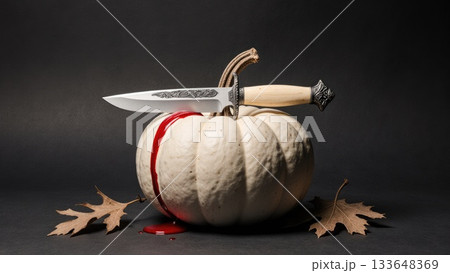 Elegant Dark Still Life with White Pumpkin and Antique Bloody Dagger Elegant Dark Still Life with White Pumpkin and Antique Bloody Dagger 133648369