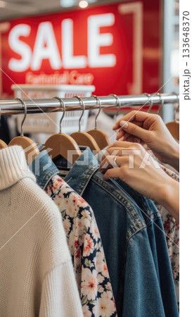 Man's Hands Choosing Discount Hoodie and Jeans at Street Market Sale Man's Hands Choosing Discount Hoodie and Jeans at Street Market Sale 133648370