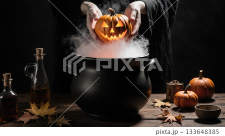 Ghost Hands Holding Pumpkin over Witch Cauldron with Spooky Smoke 133648385