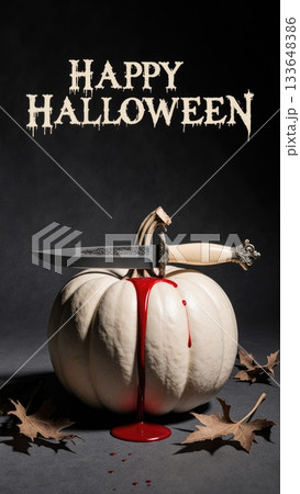 Elegant Dark Still Life with White Pumpkin and Antique Bloody Dagger 133648386