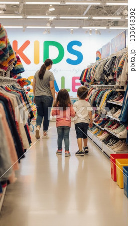 Family Shopping During Kids Sale in Bright Store with Colorful Banners 133648392