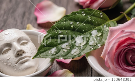 Water Droplets on Leaf with Clay Mask and Rose Petals Water Droplets on Leaf with Clay Mask and Rose Petals 133648393