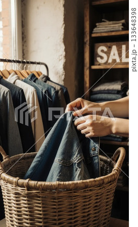 Hands Folding Vintage Denim into Wicker Basket in Thrift Store Hands Folding Vintage Denim into Wicker Basket in Thrift Store 133648398