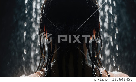 Water Droplets on Wet Hair in Shower Backlight Water Droplets on Wet Hair in Shower Backlight 133648456