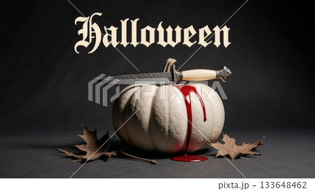 Elegant Dark Still Life with White Pumpkin and Antique Bloody Dagger 133648462