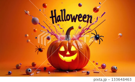 Candy Explosion Bursting from Jack-O-Lantern for Halloween Party Banner Candy Explosion Bursting from Jack-O-Lantern for Halloween Party Banner 133648463