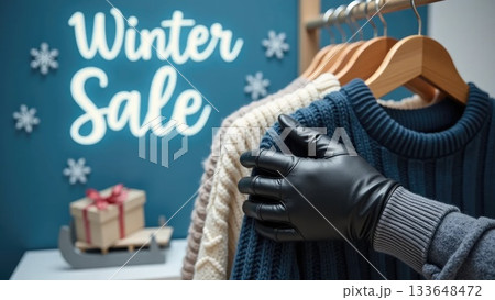 Gloved Hands Browsing Winter Sweaters Under WINTER SALE Banner 133648472