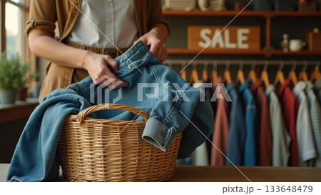 Hands Folding Vintage Denim into Wicker Basket in Thrift Store Hands Folding Vintage Denim into Wicker Basket in Thrift Store 133648479