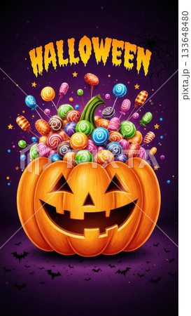 Candy Explosion Bursting from Jack-O-Lantern for Halloween Party Banner Candy Explosion Bursting from Jack-O-Lantern for Halloween Party Banner 133648480