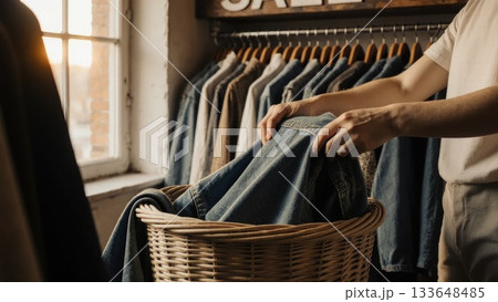 Hands Folding Vintage Denim into Wicker Basket in Thrift Store Hands Folding Vintage Denim into Wicker Basket in Thrift Store 133648485
