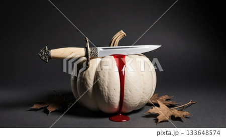 Elegant Dark Still Life with White Pumpkin and Antique Bloody Dagger Elegant Dark Still Life with White Pumpkin and Antique Bloody Dagger 133648574