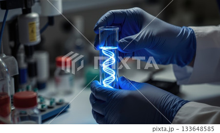 Lab Hands with Glowing DNA in Test Tube Lab Hands with Glowing DNA in Test Tube 133648585