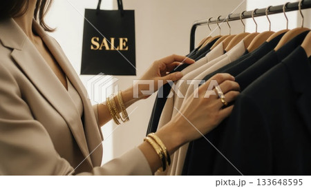 Elegant Hands Selecting Evening Wear During End of Season Sale Event Elegant Hands Selecting Evening Wear During End of Season Sale Event 133648595