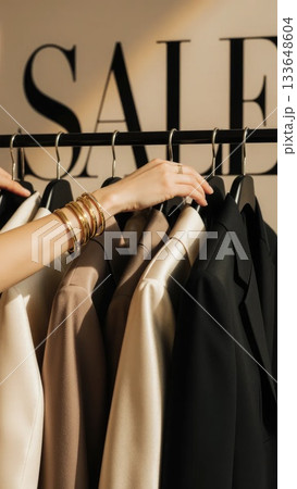 Elegant Hands Selecting Evening Wear During End of Season Sale Event 133648604
