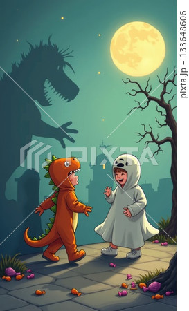 Children in Cute Costumes Casting Playful Cartoon Shadows on Halloween Children in Cute Costumes Casting Playful Cartoon Shadows on Halloween 133648606