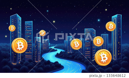 Blockchain Cityscape with DeFi Protocol Skyscrapers Blockchain Cityscape with DeFi Protocol Skyscrapers 133648612