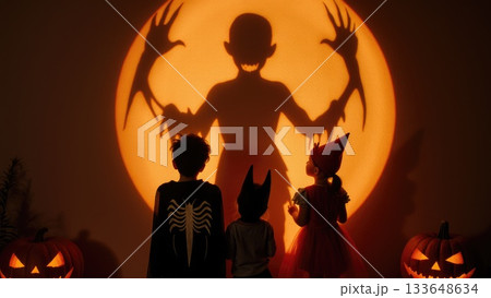 Kids in Costumes Casting Huge Monster Shadows on Wall on Halloween 133648634