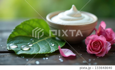 Water Droplets on Leaf with Clay Mask and Rose Petals Water Droplets on Leaf with Clay Mask and Rose Petals 133648640