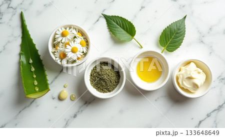 Natural Skincare Ingredients on White Marble Surface 133648649