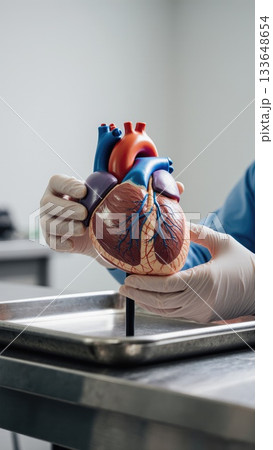 Medical Hands Holding Anatomical Heart Model 133648654