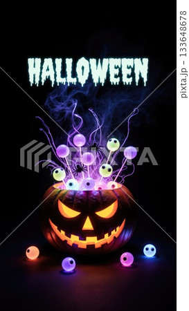 Neon Candy Explosion from Pumpkin on Black for Night Halloween Events Neon Candy Explosion from Pumpkin on Black for Night Halloween Events 133648678