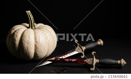 Elegant Dark Still Life with White Pumpkin and Antique Bloody Dagger 133648681