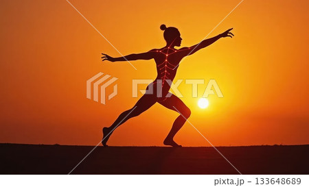 Dancer Silhouette with Musculoskeletal Glow at Sunset Dancer Silhouette with Musculoskeletal Glow at Sunset 133648689