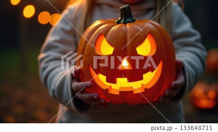 Child's Mummy Hands Holding Friendly Smiling Jack-o-Lantern Pumpkin 133648711