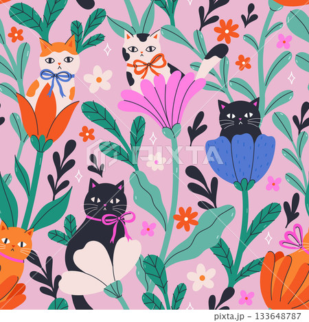 Seamless pattern with cats sitting in a flowers. Vector graphics. Seamless pattern with cats sitting in a flowers. Vector graphics. 133648787