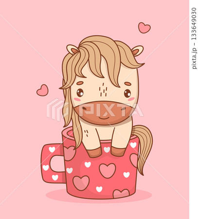 Romantic Cute Horse in Cup of Hearts. Little enamored Cartoon Pony Kawaii Animal on Pink Background. Vector illustration. Kids collection. Not AI Romantic Cute Horse in Cup of Hearts. Little enamored Cartoon Pony Kawaii Animal on Pink Background. Vector illustration. Kids collection. Not AI 133649030