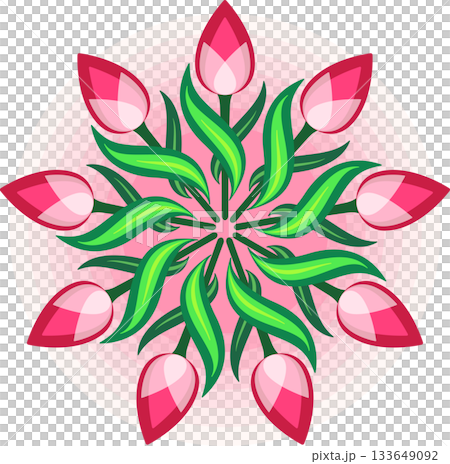 Bright round mandala ornament of red pink flowers Bright round mandala ornament of red pink flowers 133649092