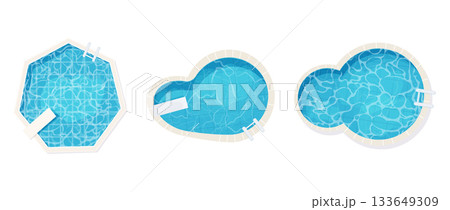 Swimming pool bottom top view with blue water waves texture set. Summer aqua surface with ripples. Spa pool geometrical shapes game texture 133649309