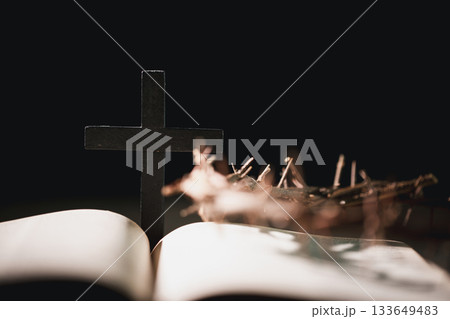 Closeup of Jesus Christ wearing crown of thorns during His crucifixion captures the suffering, sacrifice, and deep spirituality that define Easter and the core of Christian faith and religion. 133649483