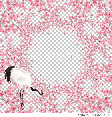 Square frame of spiral shaped sakura branches and japanese crane. Watercolor handmade illustration. For fabric, wallpaper, greeting cards, design, decoration and illustration. 133649494