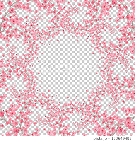 Square frame of spiral shaped sakura branches. Watercolor handmade illustration. For fabric, wallpaper, greeting cards, design, decoration and illustration. 133649495