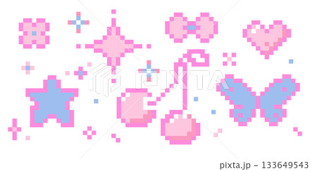 Cute pixel border nice pink pixel decoration. Y2k retro game 8 bit flower blossom, stars sparkles, butterfly, heart and cherry. Whimsical sparkling shining stars emoji, 133649543