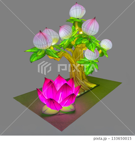 大型中国シルクランタン：桃の木と蓮の花の祭典ディスプレイ 133650015