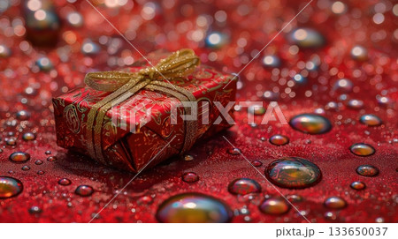 Glittering red Christmas gift box with gold ribbon on sparkling festive background with holographic glitter 133650037