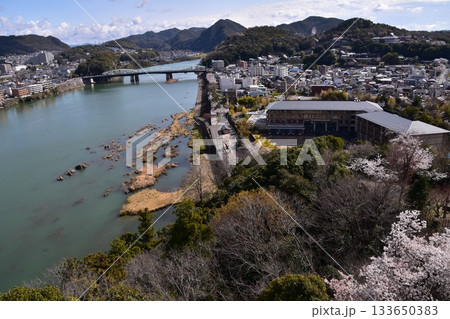 日本の愛知県の犬山市 春の犬山城と満開の桜 国宝の天守閣の最上階から見た展望 周辺の街並みや自然 日本の愛知県の犬山市 春の犬山城と満開の桜 国宝の天守閣の最上階から見た展望 周辺の街並みや自然 133650383