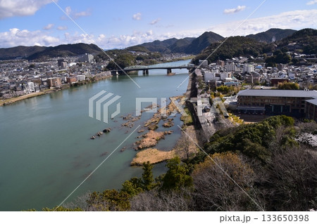 日本の愛知県の犬山市　春の犬山城と満開の桜　国宝の天守閣の最上階から見た展望　周辺の街並みや自然 133650398