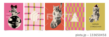Trendy minimal retro halftone collage Christmas posters set with dopamine patterns. Funny cats wearing Santa hat, dancing with shiny mirror ball, sitting in stocking. Paper cut out vector illustration Trendy minimal retro halftone collage Christmas posters set with dopamine patterns. Funny cats wearing Santa hat, dancing with shiny mirror ball, sitting in stocking. Paper cut out vector illustration 133650458