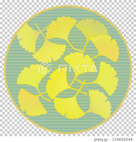 円形背景のついた黄色く色づいた銀杏の葉っぱのイラスト 133650544
