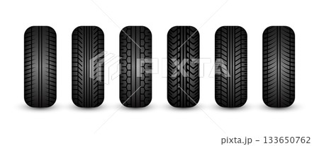Rubber tires silhouettes. Car, truck, and motorcycle wheels, tread pattern designs. Perfect for automotive, racing, and motorsport themes, repair service and transport industry. Vector illustration Rubber tires silhouettes. Car, truck, and motorcycle wheels, tread pattern designs. Perfect for automotive, racing, and motorsport themes, repair service and transport industry. Vector illustration 133650762