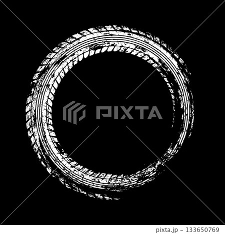 Grunge circle tire track, wheel braking mark. Truck, car or motorcycle tread pattern silhouettes. Auto race, motorsport, speed racing design element. Vector illustration Grunge circle tire track, wheel braking mark. Truck, car or motorcycle tread pattern silhouettes. Auto race, motorsport, speed racing design element. Vector illustration 133650769
