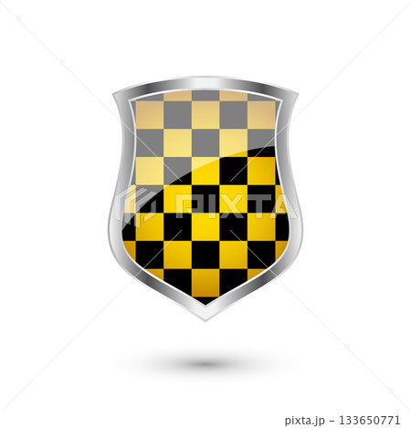 Glossy shield with yellow and black pattern. Security and protection concept. Cyber safety icons, internet privacy, web defense, digital data protection and antivirus themes. Vector illustration Glossy shield with yellow and black pattern. Security and protection concept. Cyber safety icons, internet privacy, web defense, digital data protection and antivirus themes. Vector illustration 133650771