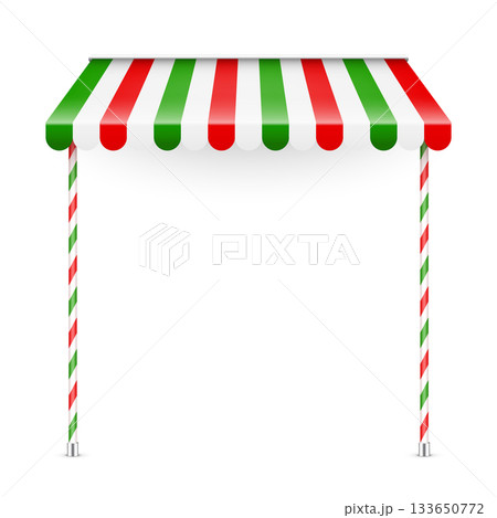 Shop sunshade. Realistic striped cafe awning. Outdoor market tent. Roof canopy. Summer street store. Vector illustration. Shop sunshade. Realistic striped cafe awning. Outdoor market tent. Roof canopy. Summer street store. Vector illustration. 133650772